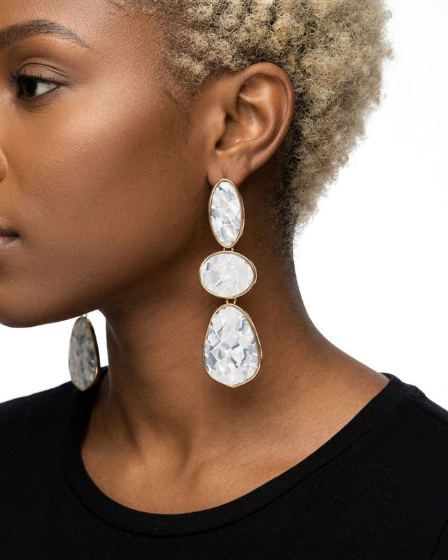 3 Tier Drop Gray Mosaic Gold Geometric Earrings