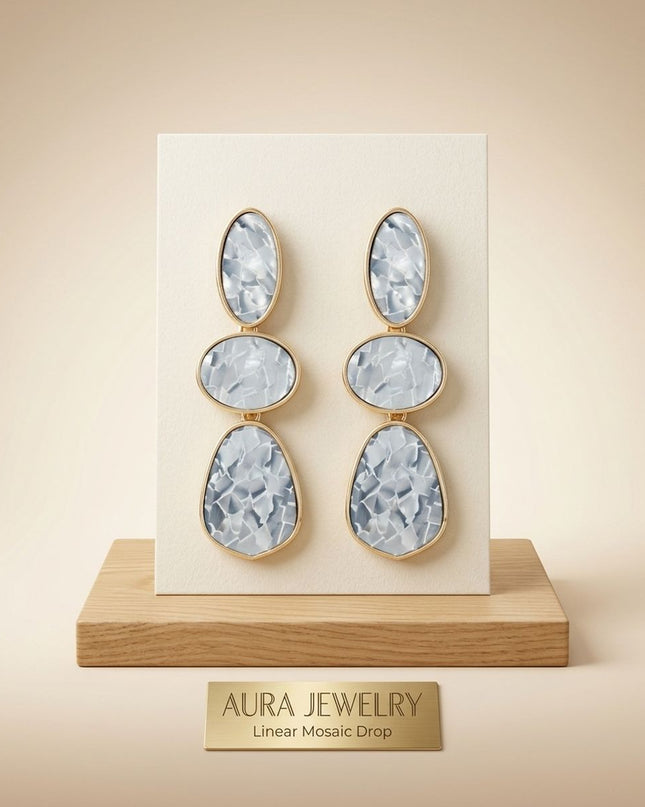 3 Tier Drop Gray Mosaic Gold Geometric Earrings