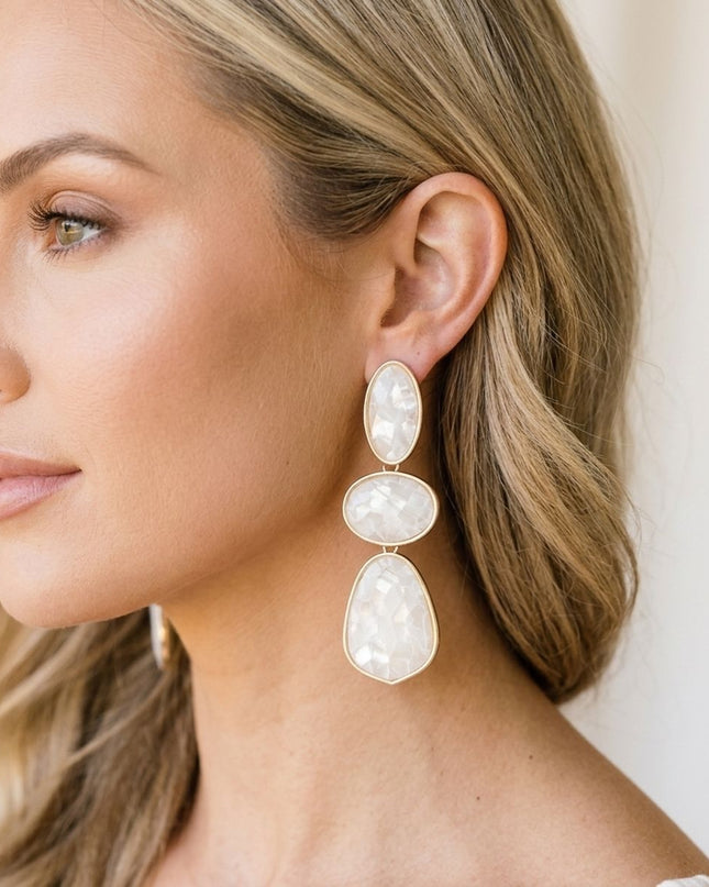 3 Tier Drop Ivory Mosaic Gold Geometric Earrings