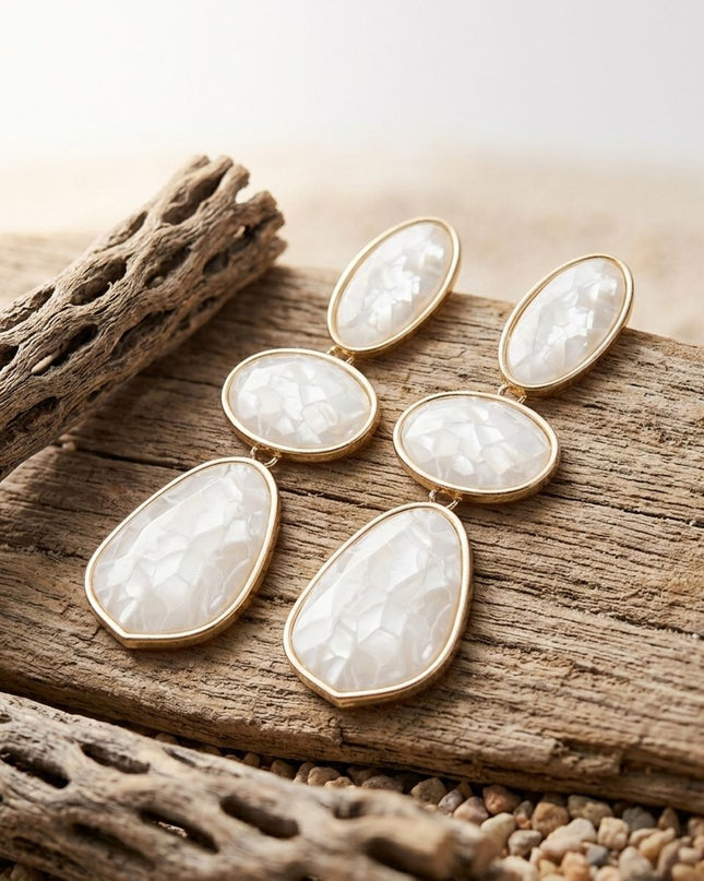 3 Tier Drop Ivory Mosaic Gold Geometric Earrings