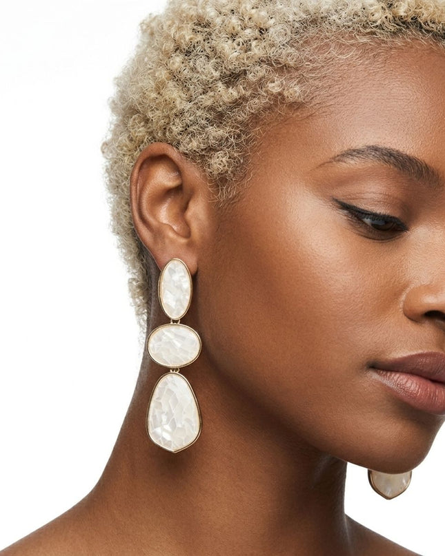 3 Tier Drop Ivory Mosaic Gold Geometric Earrings