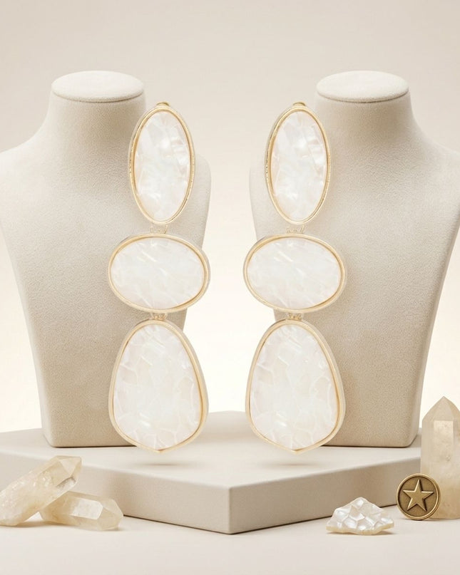 3 Tier Drop Ivory Mosaic Gold Geometric Earrings