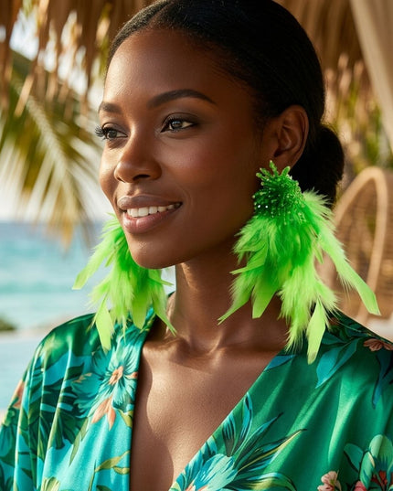 Green Beaded Cluster Long Feather Drop Earrings