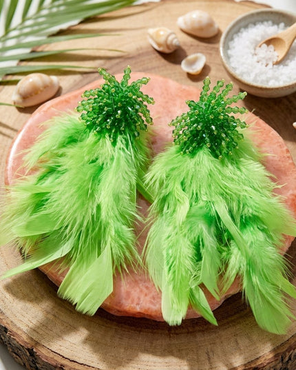 Green Beaded Cluster Long Feather Drop Earrings