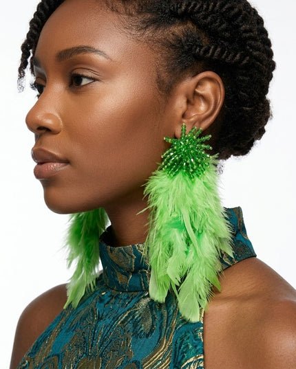 Green Beaded Cluster Long Feather Drop Earrings