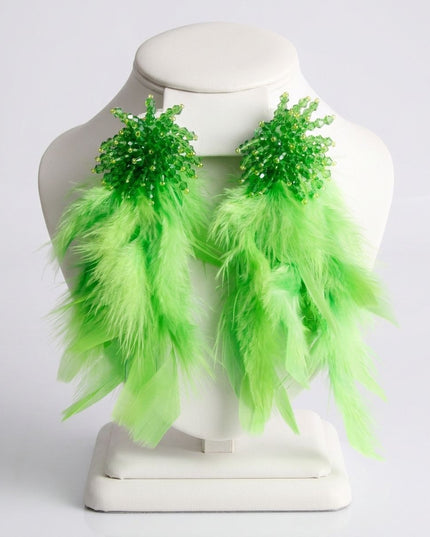 Green Beaded Cluster Long Feather Drop Earrings