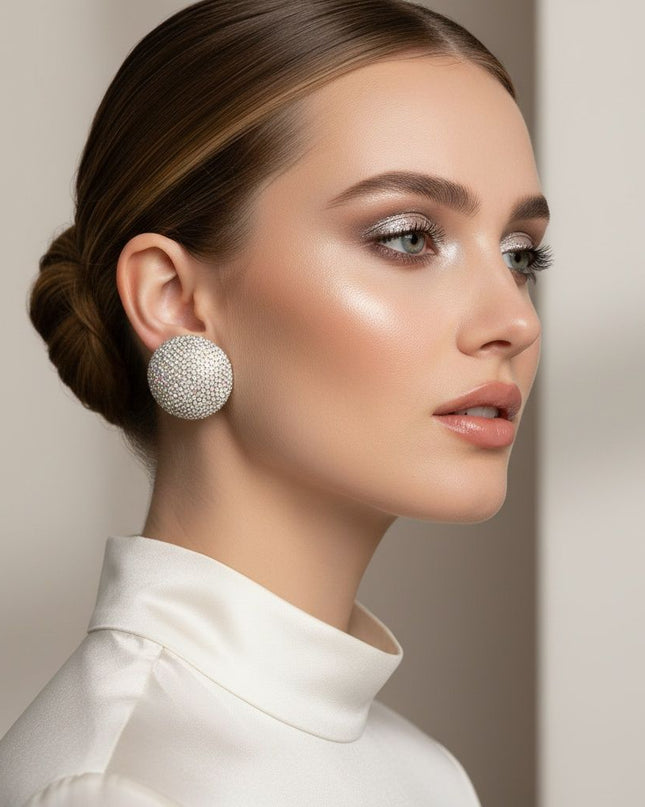 Clip On Oversized Domed Aurbo Rhinestone Earrings