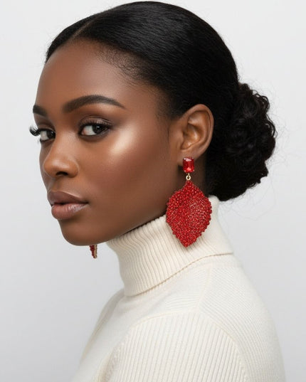 Drop Red Rhinestone Encrusted Leaf Earrings