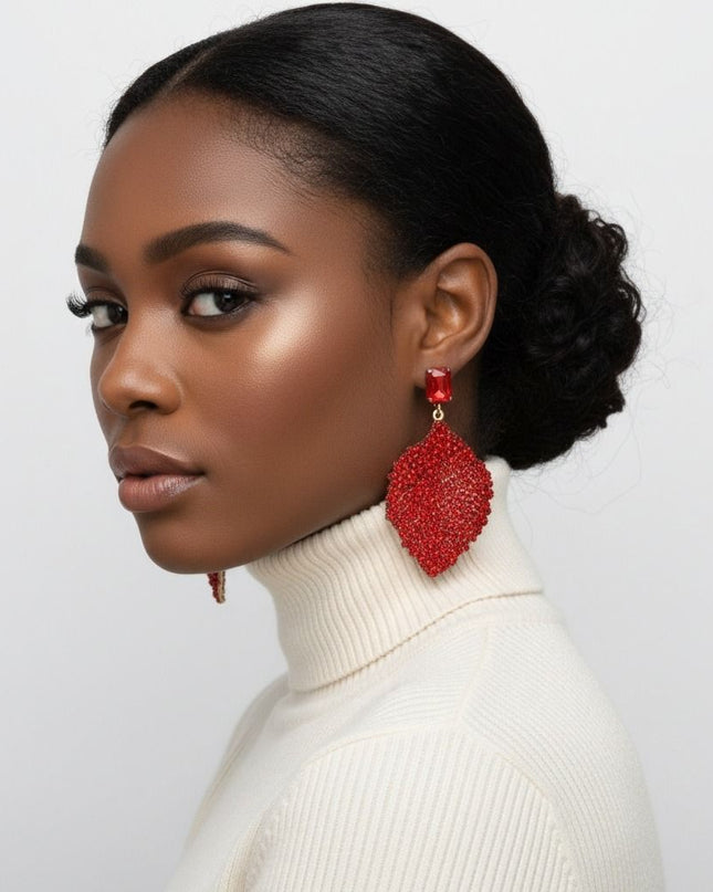 Drop Red Rhinestone Encrusted Leaf Earrings