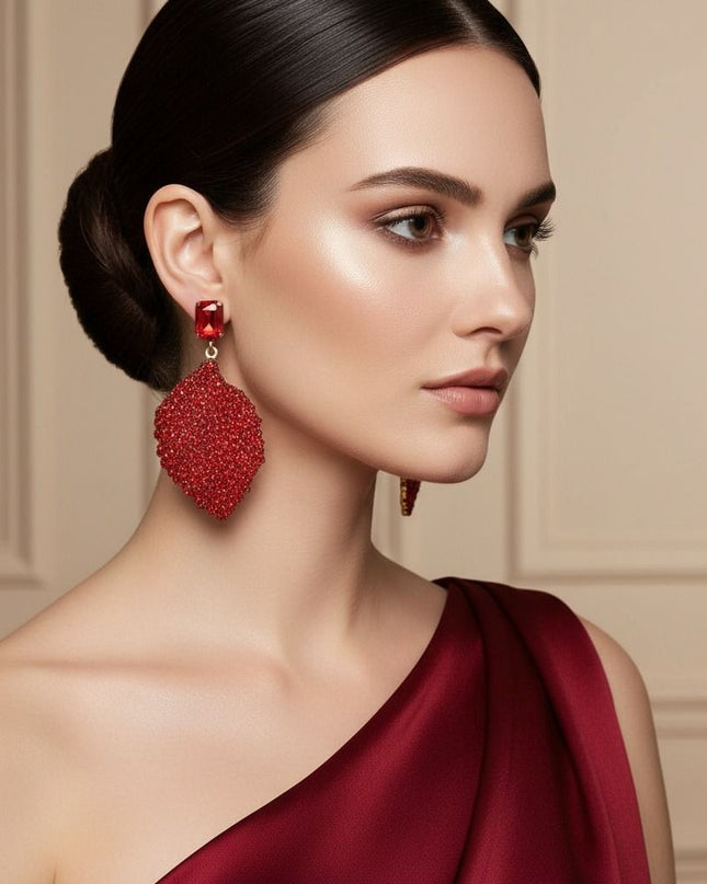 Drop Red Rhinestone Encrusted Leaf Earrings