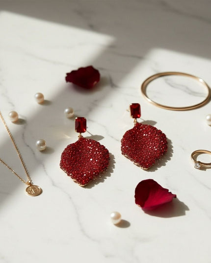 Drop Red Rhinestone Encrusted Leaf Earrings