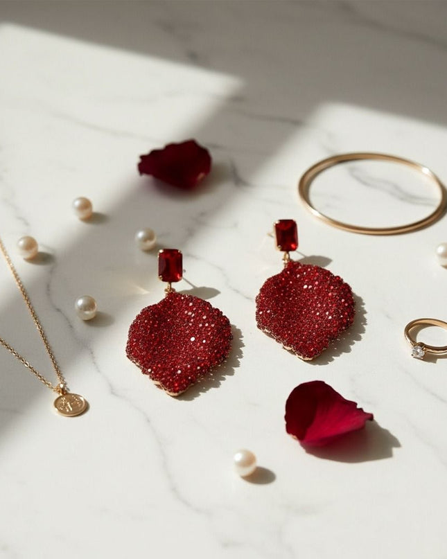 Drop Red Rhinestone Encrusted Leaf Earrings