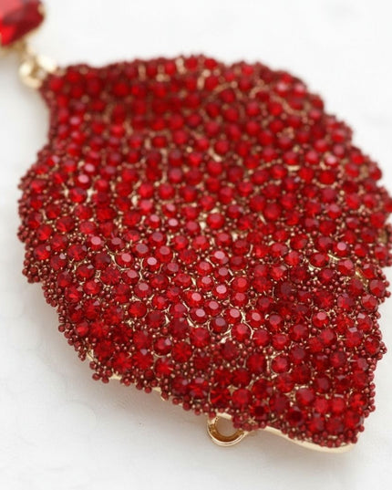 Drop Red Rhinestone Encrusted Leaf Earrings