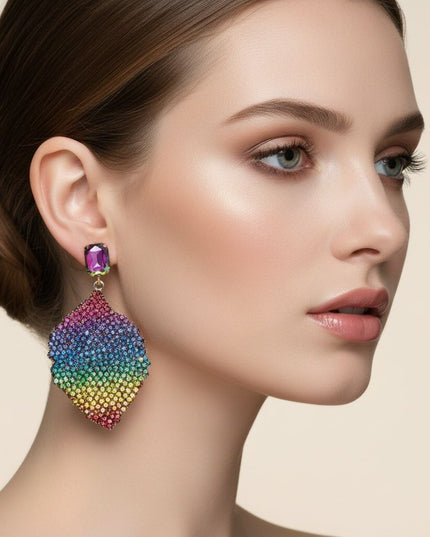 Drop Rainbow Rhinestone Encrusted Leaf Earrings