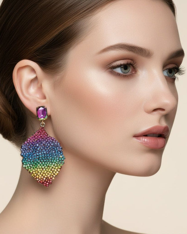 Drop Rainbow Rhinestone Encrusted Leaf Earrings