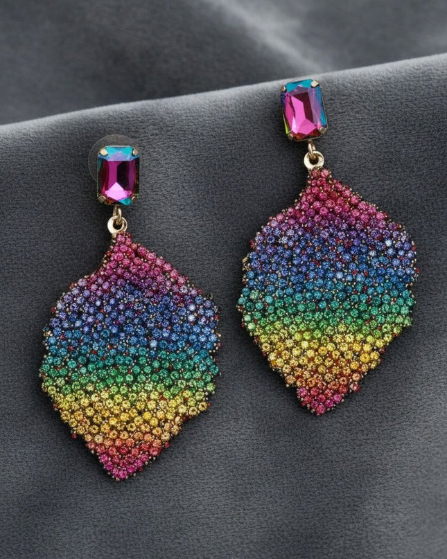 Drop Rainbow Rhinestone Encrusted Leaf Earrings