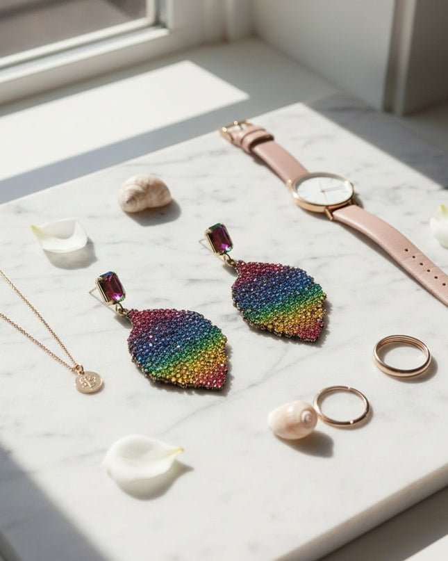 Drop Rainbow Rhinestone Encrusted Leaf Earrings