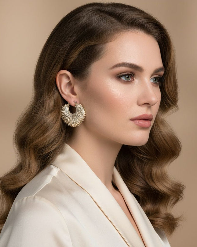 Hoop Croissant Shaped Aurbo Stone Striped Earrings