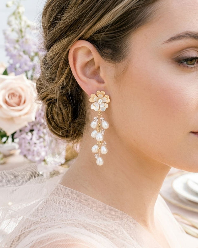 Dangle Gold Floral Cream Pearl Cascade Earrings