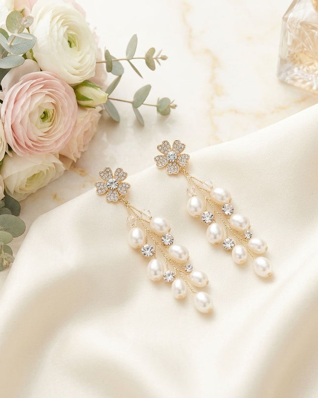 Dangle Gold Floral Cream Pearl Cascade Earrings