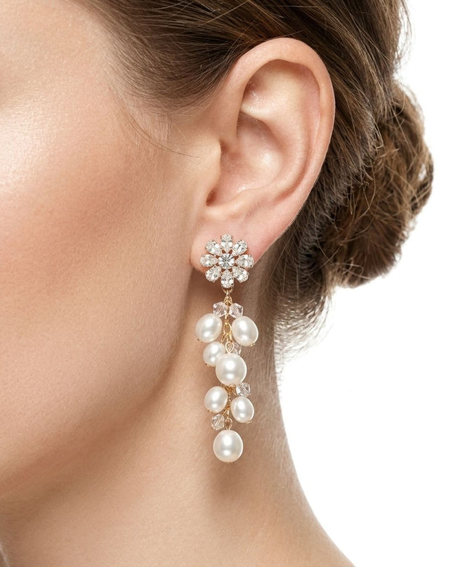 Dangle Gold Floral Cream Pearl Cascade Earrings