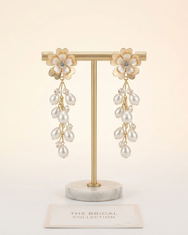 Dangle Gold Floral Cream Pearl Cascade Earrings