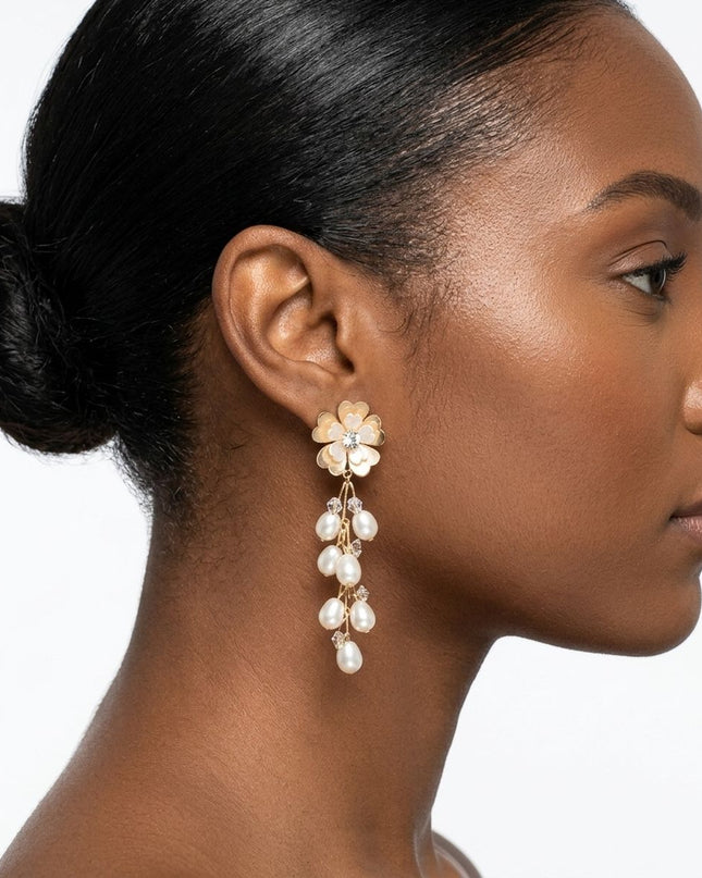 Dangle Gold Floral Cream Pearl Cascade Earrings