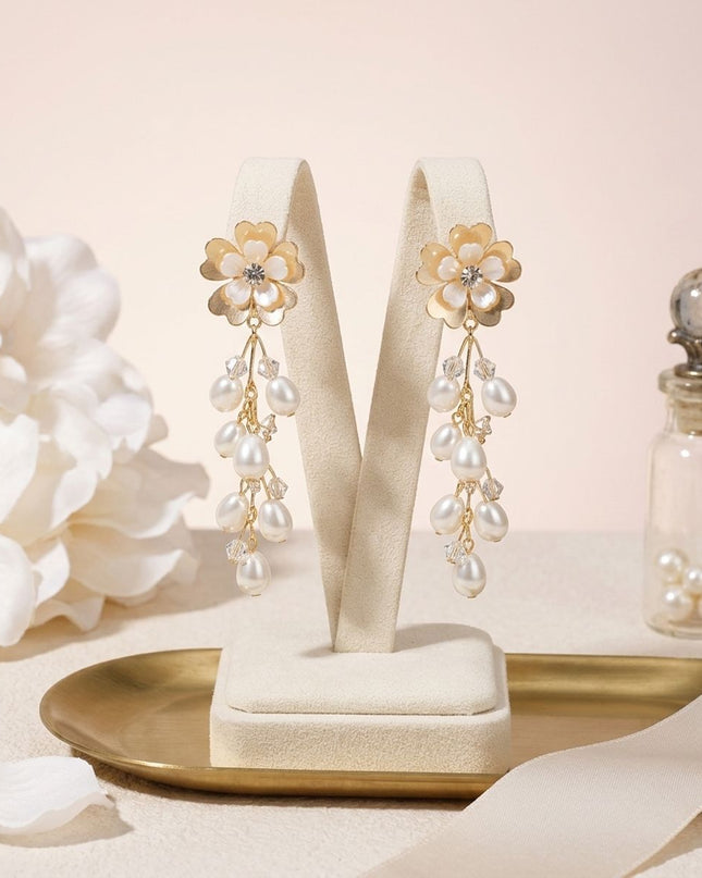 Dangle Gold Floral Cream Pearl Cascade Earrings