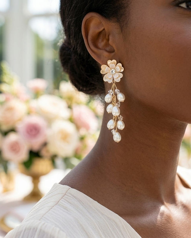Dangle Gold Floral Cream Pearl Cascade Earrings