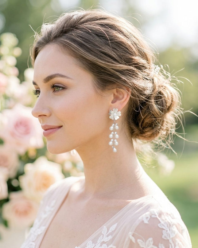 Dangle Silver Floral White Pearl Cascade Earrings