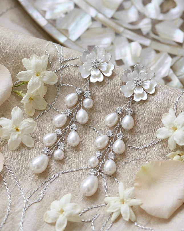 Dangle Silver Floral White Pearl Cascade Earrings