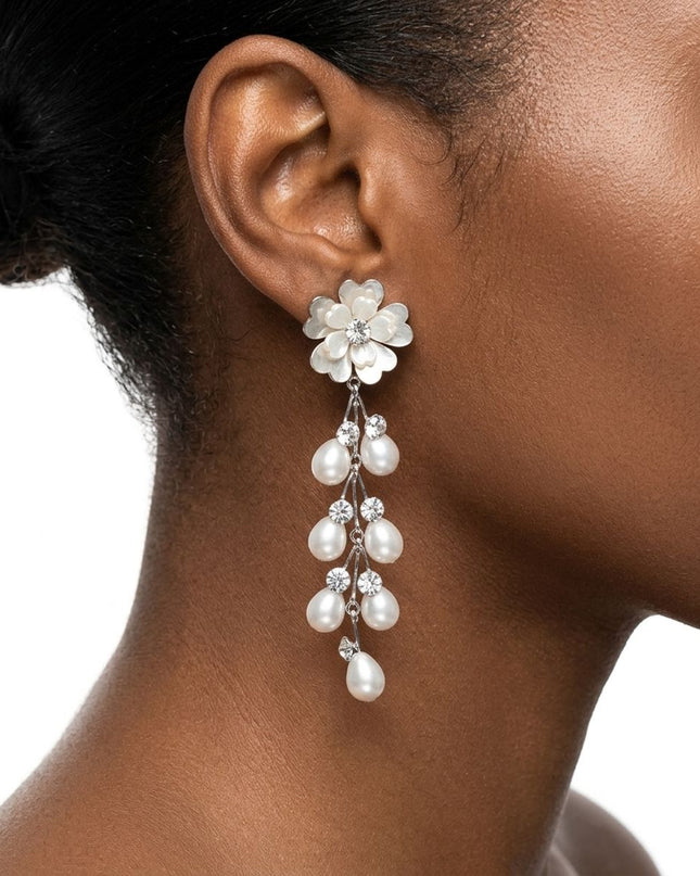 Dangle Silver Floral White Pearl Cascade Earrings