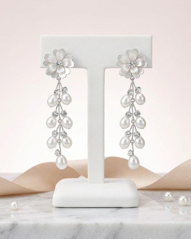 Dangle Silver Floral White Pearl Cascade Earrings