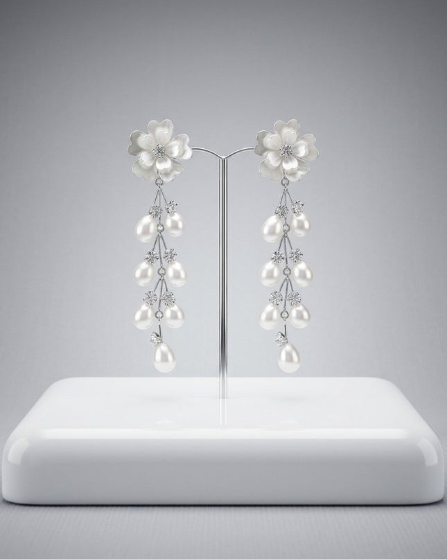 Dangle Silver Floral White Pearl Cascade Earrings