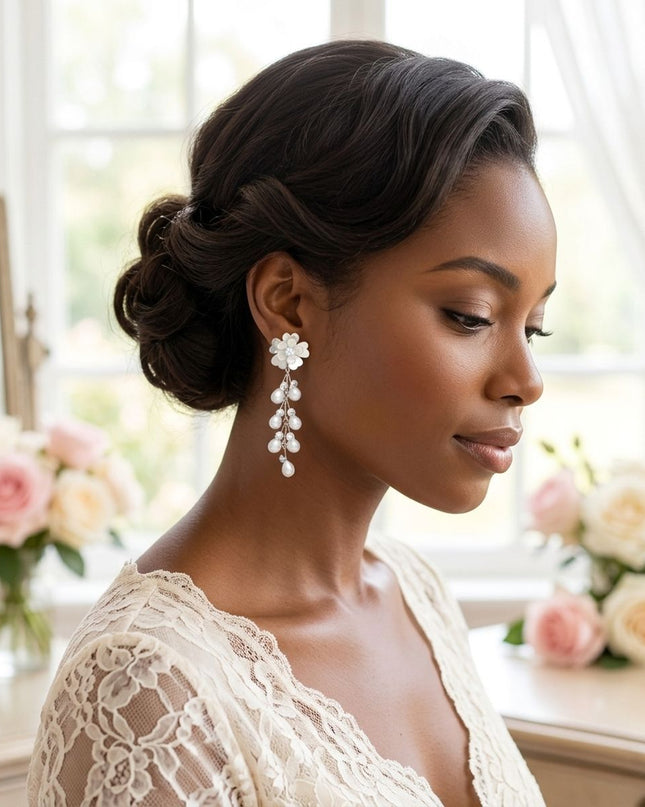 Dangle Silver Floral White Pearl Cascade Earrings