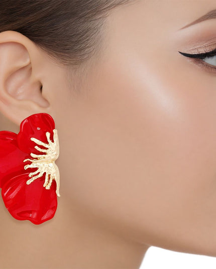 Studs Red Crimson Bloom Triple Petal Earrings