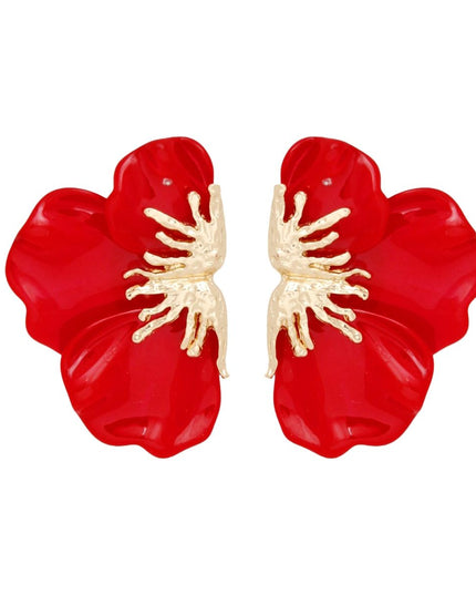 Studs Red Crimson Bloom Triple Petal Earrings