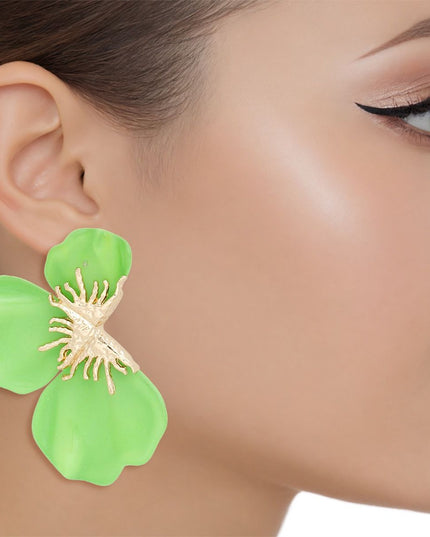 Studs Green Tropical Bloom Triple Petal Earrings