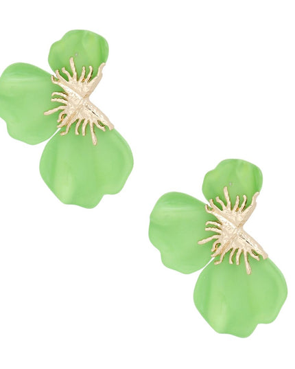 Studs Green Tropical Bloom Triple Petal Earrings