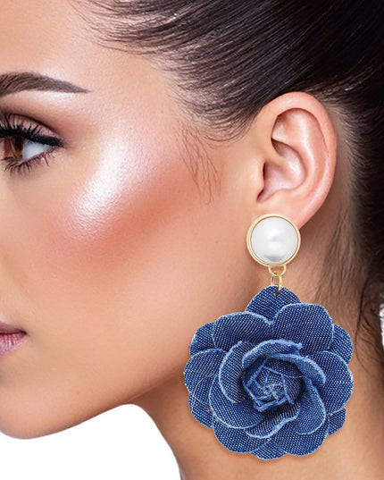 Drop Denim Dimensional Flower Pearl Earrings
