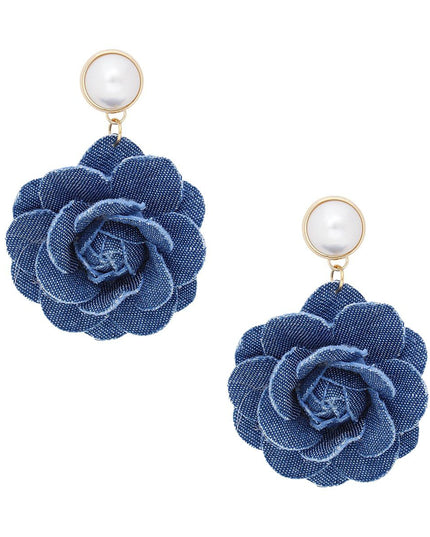 Drop Denim Dimensional Flower Pearl Earrings