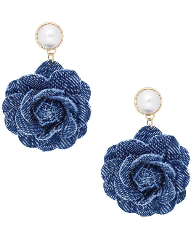 Drop Denim Dimensional Flower Pearl Earrings