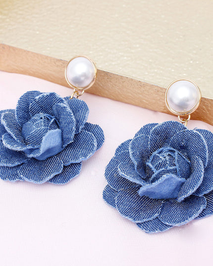 Drop Denim Dimensional Flower Pearl Earrings