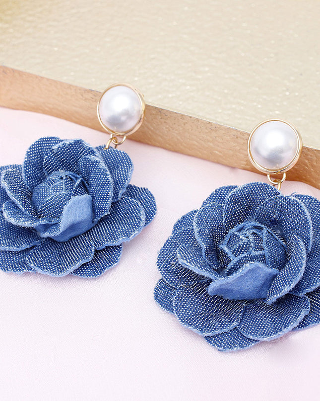 Drop Denim Dimensional Flower Pearl Earrings