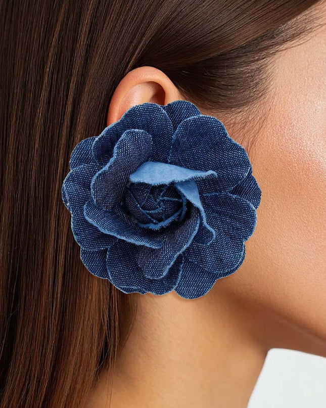 Stud Dark Blue Denim Large 3D Flower Earrings