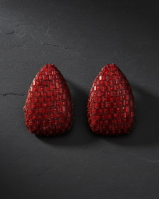Stud Oversized Domed Teardrop Red Stone Earrings