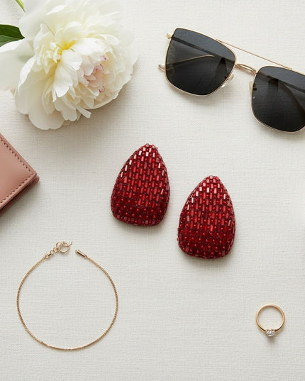 Stud Oversized Domed Teardrop Red Stone Earrings