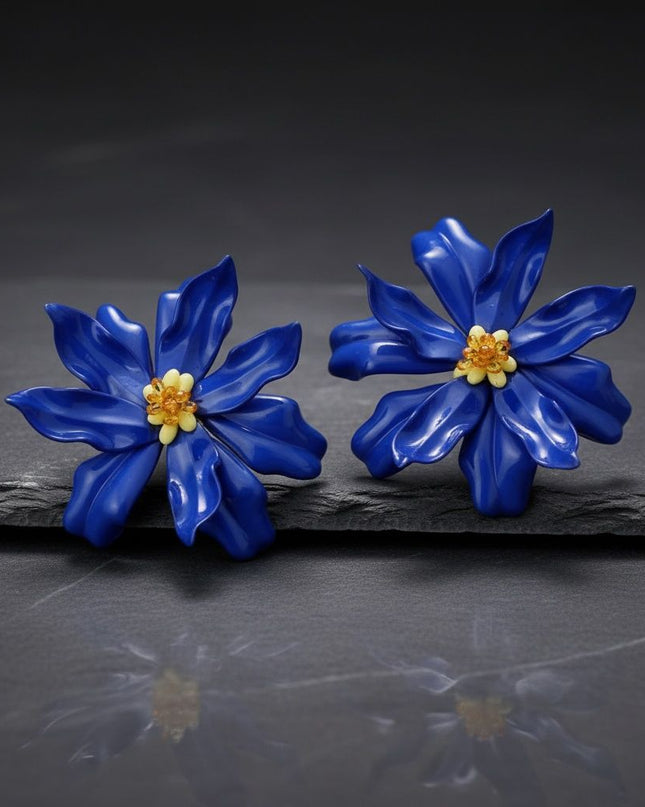 Stud Blue Flower Oversized Wavy Petal Earrings