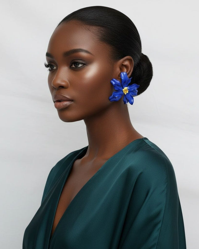 Stud Blue Flower Oversized Wavy Petal Earrings