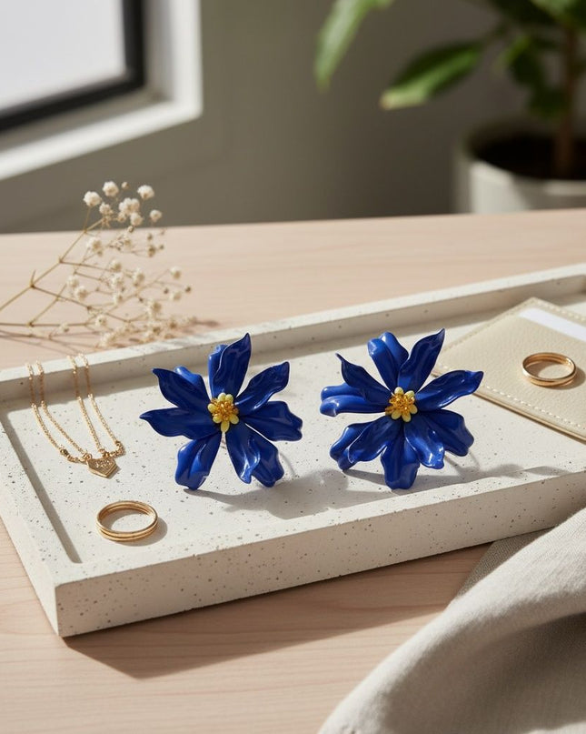 Stud Blue Flower Oversized Wavy Petal Earrings